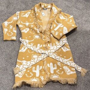 Western-Inspired Mustard Fringe Knit Cardigan